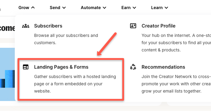 Choose landing pages & forms option