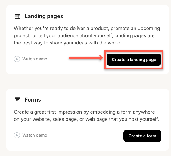 Click Create a Landing Page Button