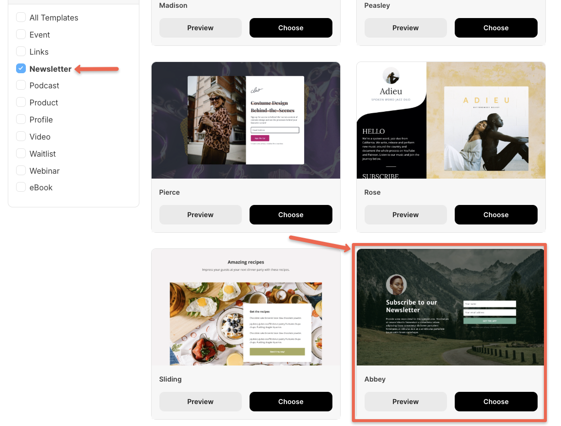 Choose a template based on the users goal