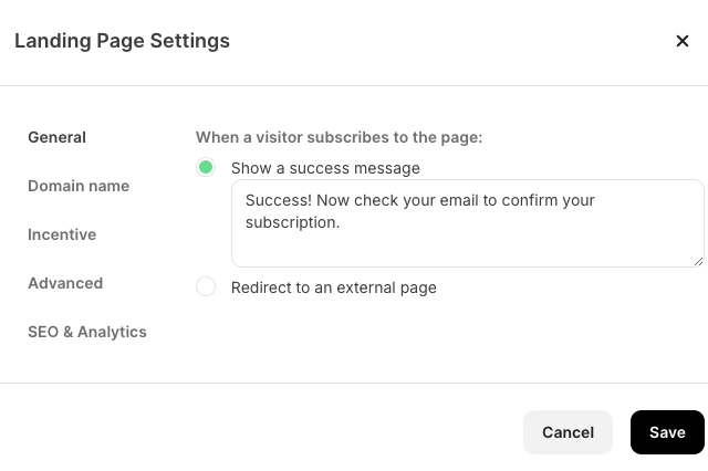 Landing page settings in Kit