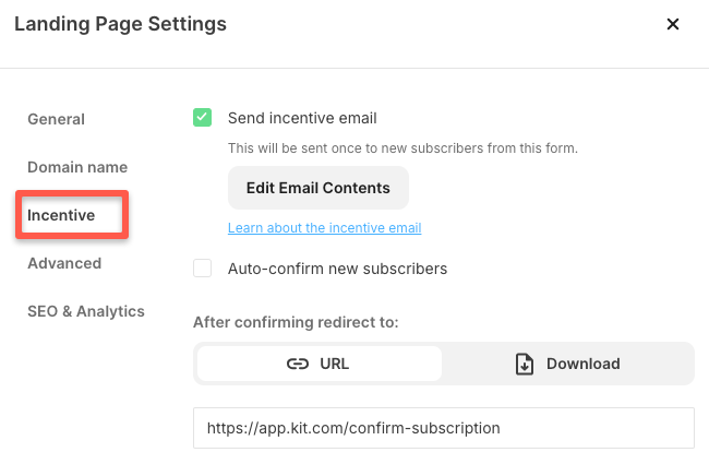 Incentive in Kit's landing page