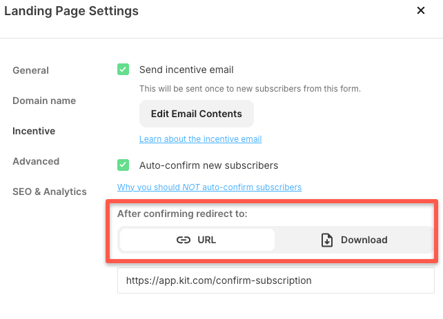 add redirect URL after confirmation and downloadable kit