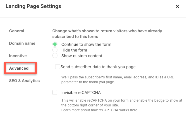 advance section in Kit landing page