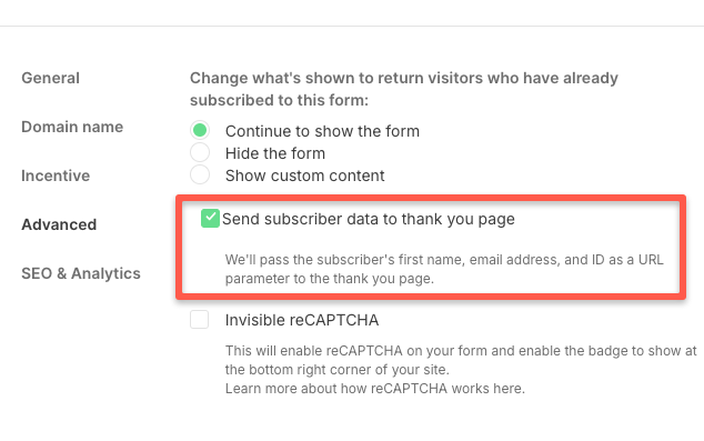 enable send subscriber data to thank you page