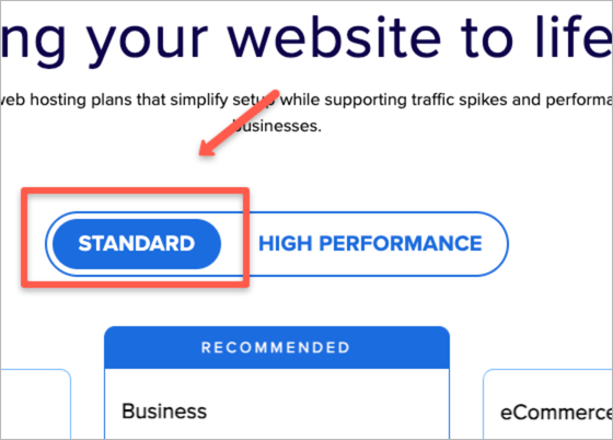 Bluehost web hosting standard plan page