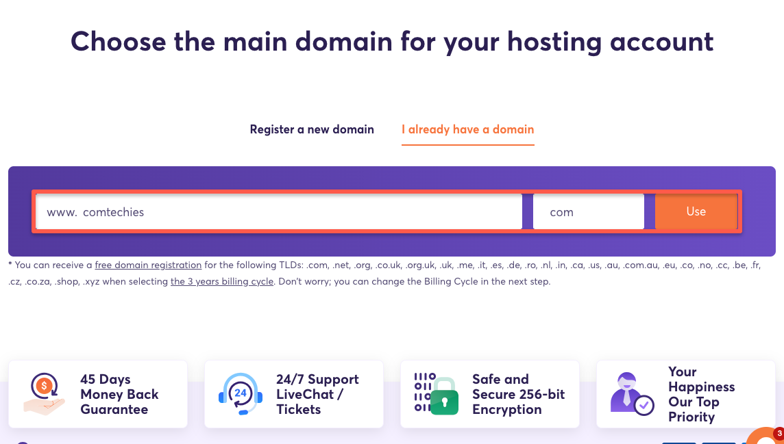 Register a new domain or enter the existing domain
