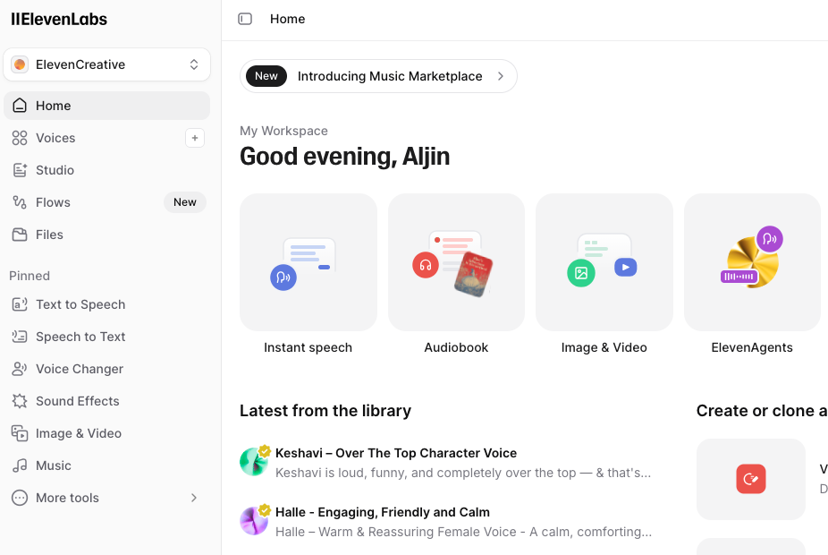 Elevenlabs page of mine