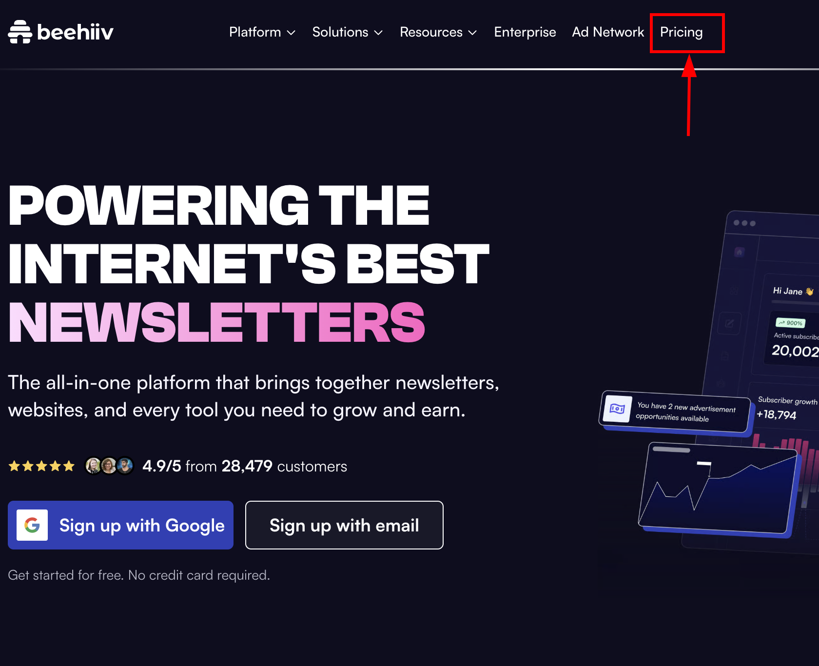 Beehiiv platform's offical front page. Click user need to click pricing