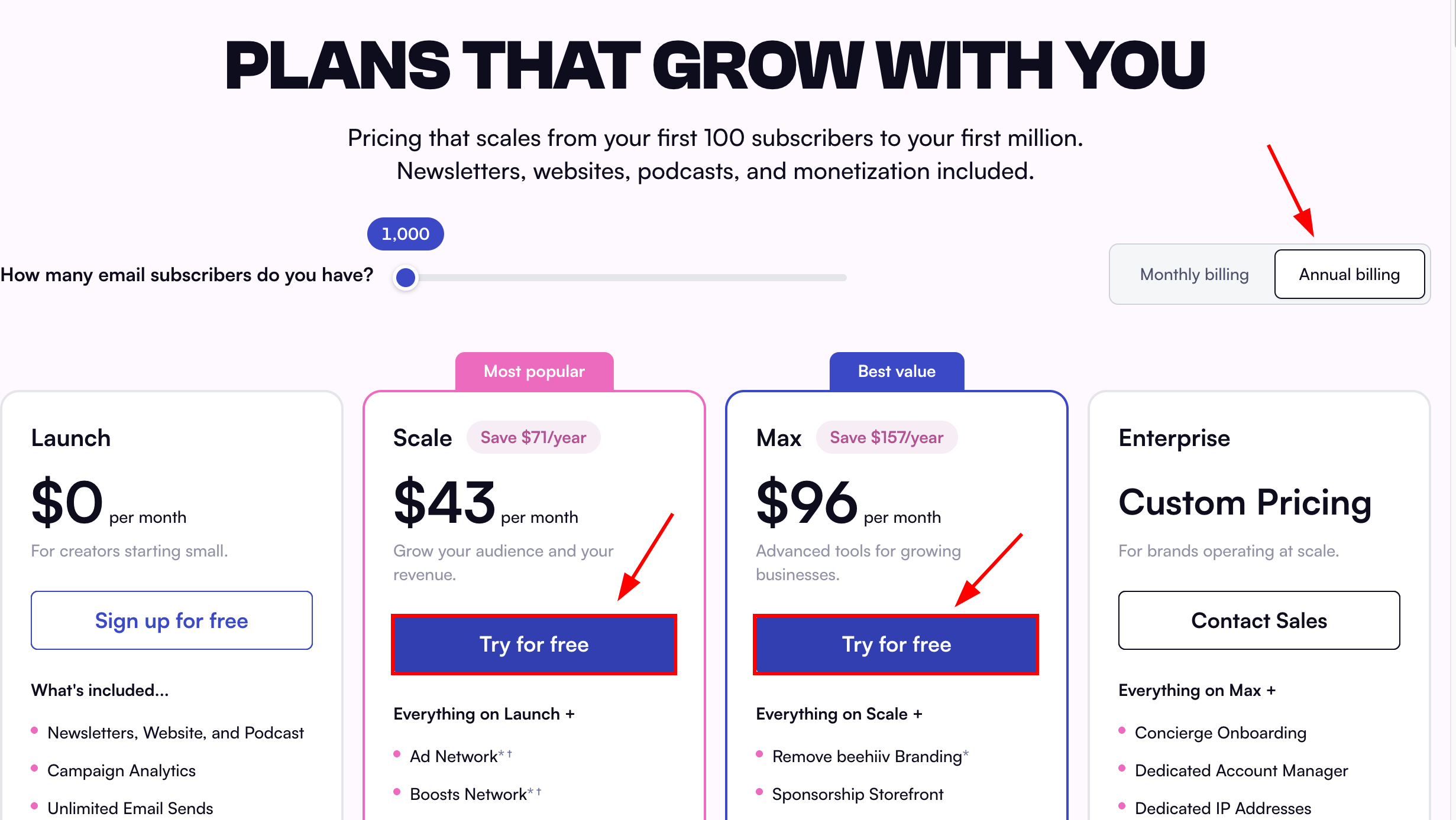 Beehiiv plans and pricing page