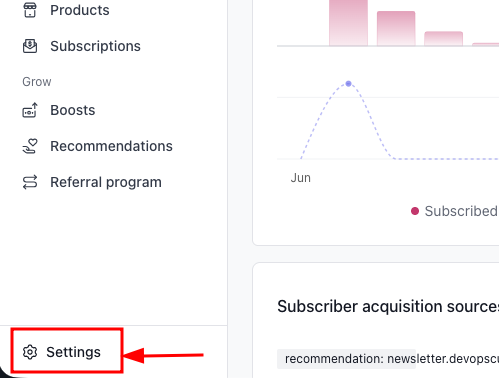 Click the settings from the Beehiiv dashboard