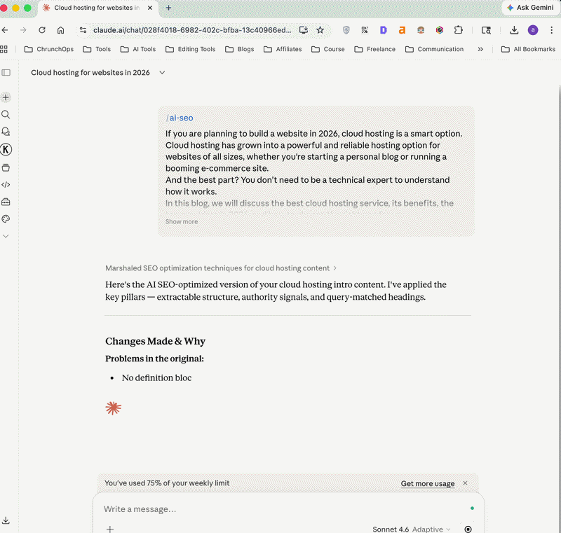 Claude is optimizing the blog for AI SEO