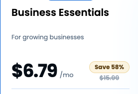 Bluehost Business essentials showing 58% discount