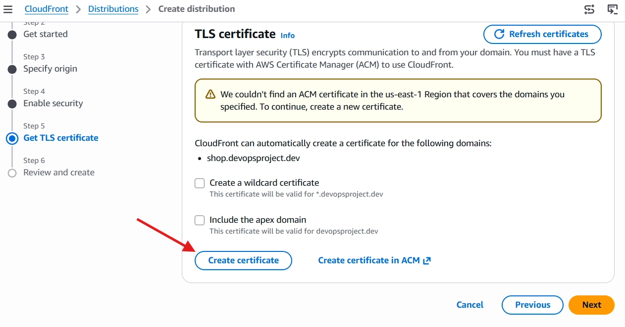 creating acm certification via CloudFront distribution for a domain in route 53