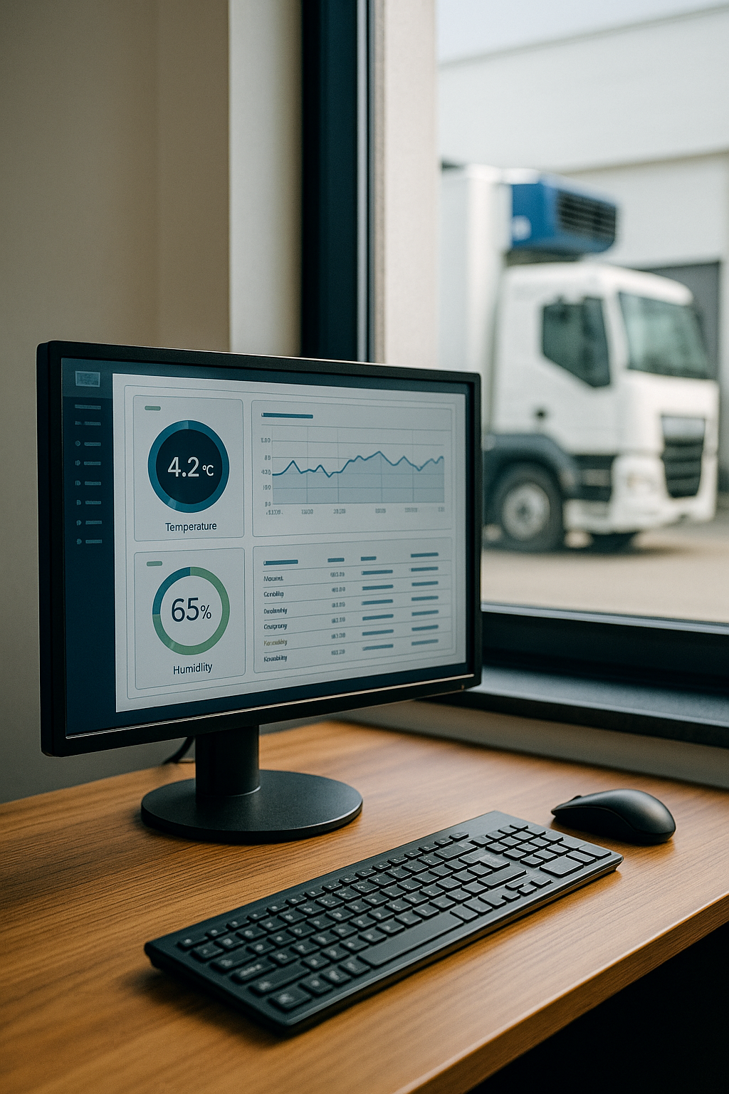 Cold-chain monitoring desk with dashboard aCold-chain monitoring desk with dashboard and reefer bay in the background (photo-style scene).nd reefer bay in the background (photo-style scene).
