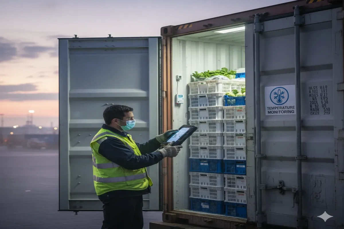 Cold chain container with worker scanning produce and monitoring temperature