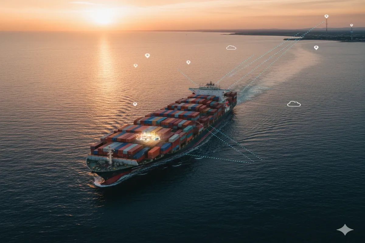Aerial view of container ship approaching port, illustrating coastal upload