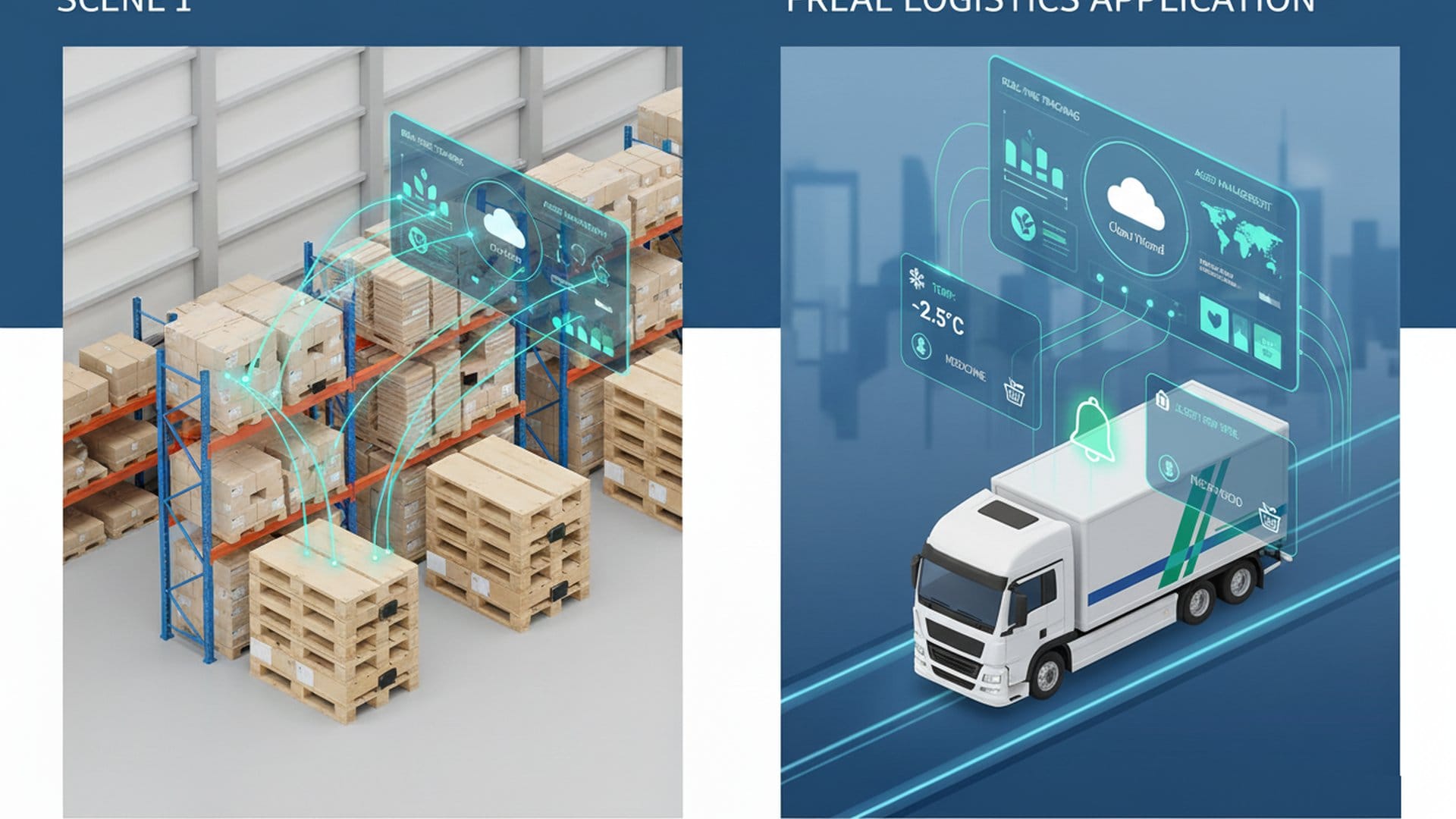 GPT50 logistics application: warehouse pallets and refrigerated truck with digital IoT data overlay.