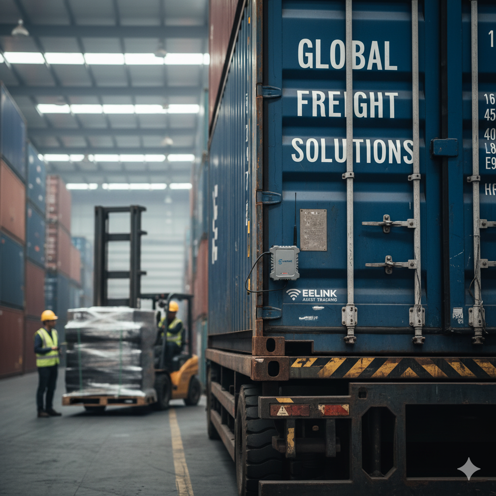 Forklift moving a pallet of goods in a warehouse with stacked shipping containers and an Eelink asset tracking device attached to a blue container.