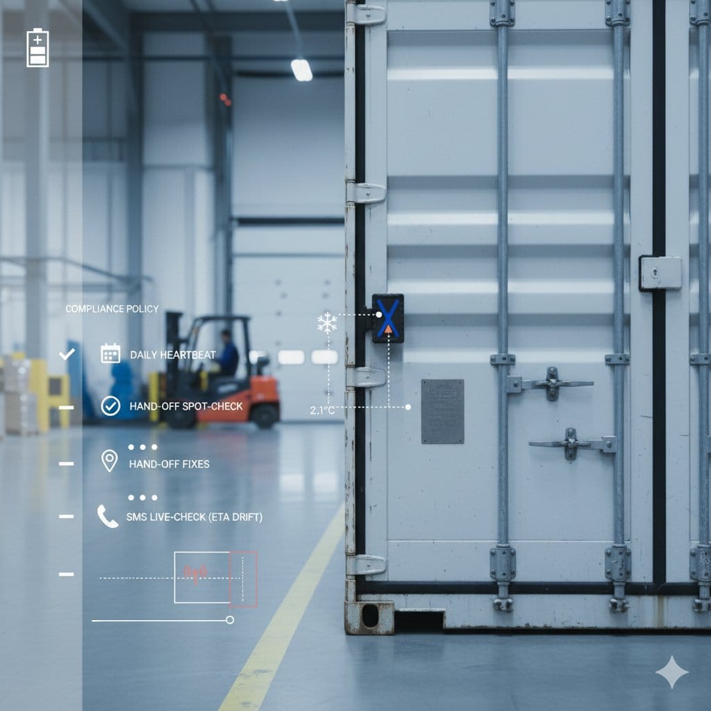 Outdoor jobsite: grey generator with compact magnetic tracker mounted, with arrows labelled tamper wake, emergency burst, return to standby