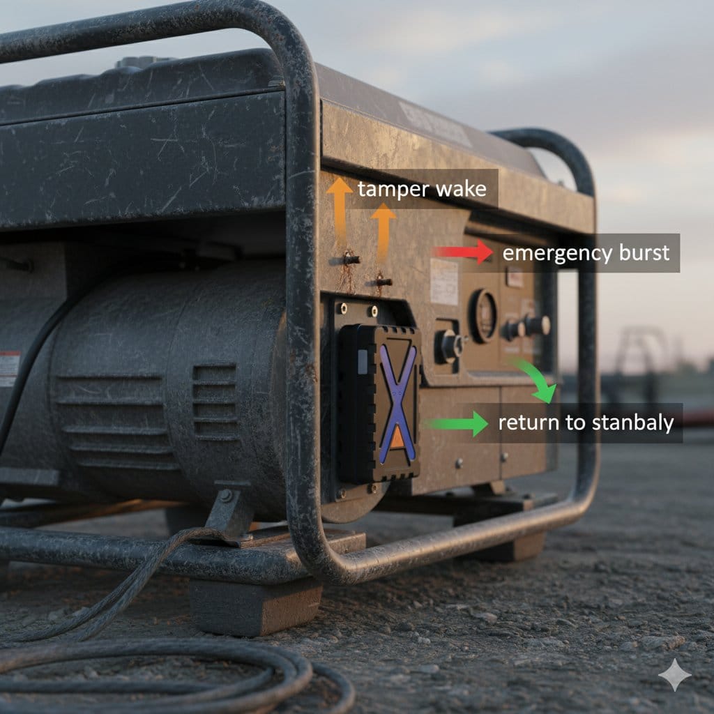 Outdoor jobsite: grey generator with compact magnetic tracker mounted, illustrating tamper wake (orange arrow), emergency burst (red arrow), and return to standby (green arrow) for fixed-asset security mode.