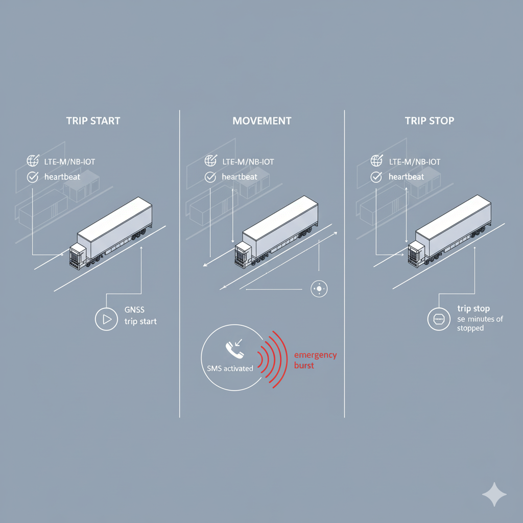 Illustration of a trailer trip cycle: left panel shows trip start with GNSS fix; middle panel shows movement with only heartbeat messages; right panel shows trip stop after five minutes of inactivity; SMS-activated emergency burst shown in red.