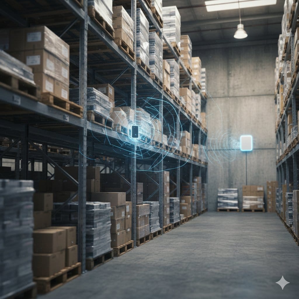Warehouse interior with boxes on shelves and IoT trackers emitting signals across aisles