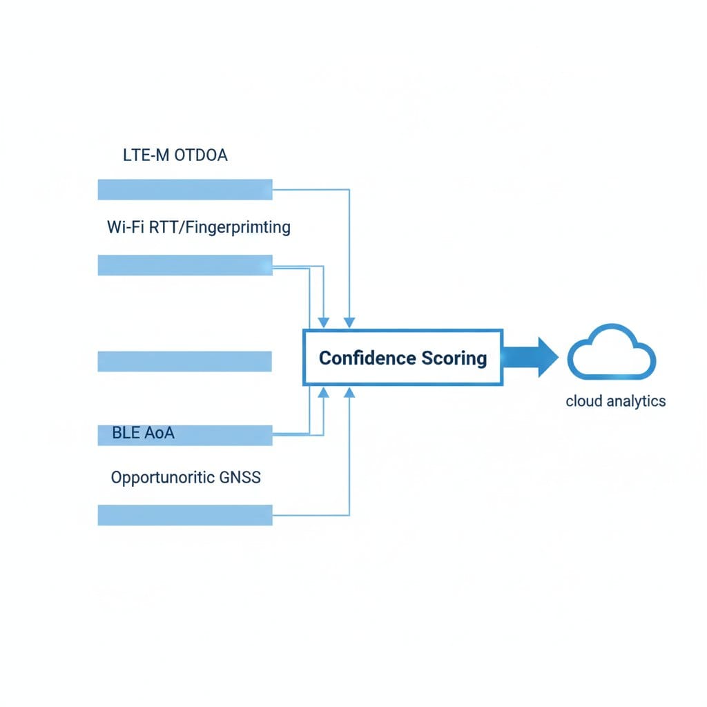 Infographic of multi-source fusion for deep-indoor positioning across LTE-M OTDOA, Wi-Fi RTT/fingerprinting, BLE AoA and opportunistic GNSS