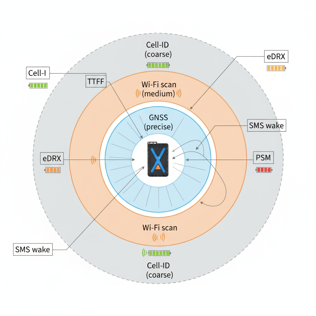 Tiered positioning concept diagram showing concentric rings for GNSS (precise), Wi-Fi scanning (medium) and Cell-ID (coarse) with annotations for eDRX, SMS wake and power saving mode (PSM)