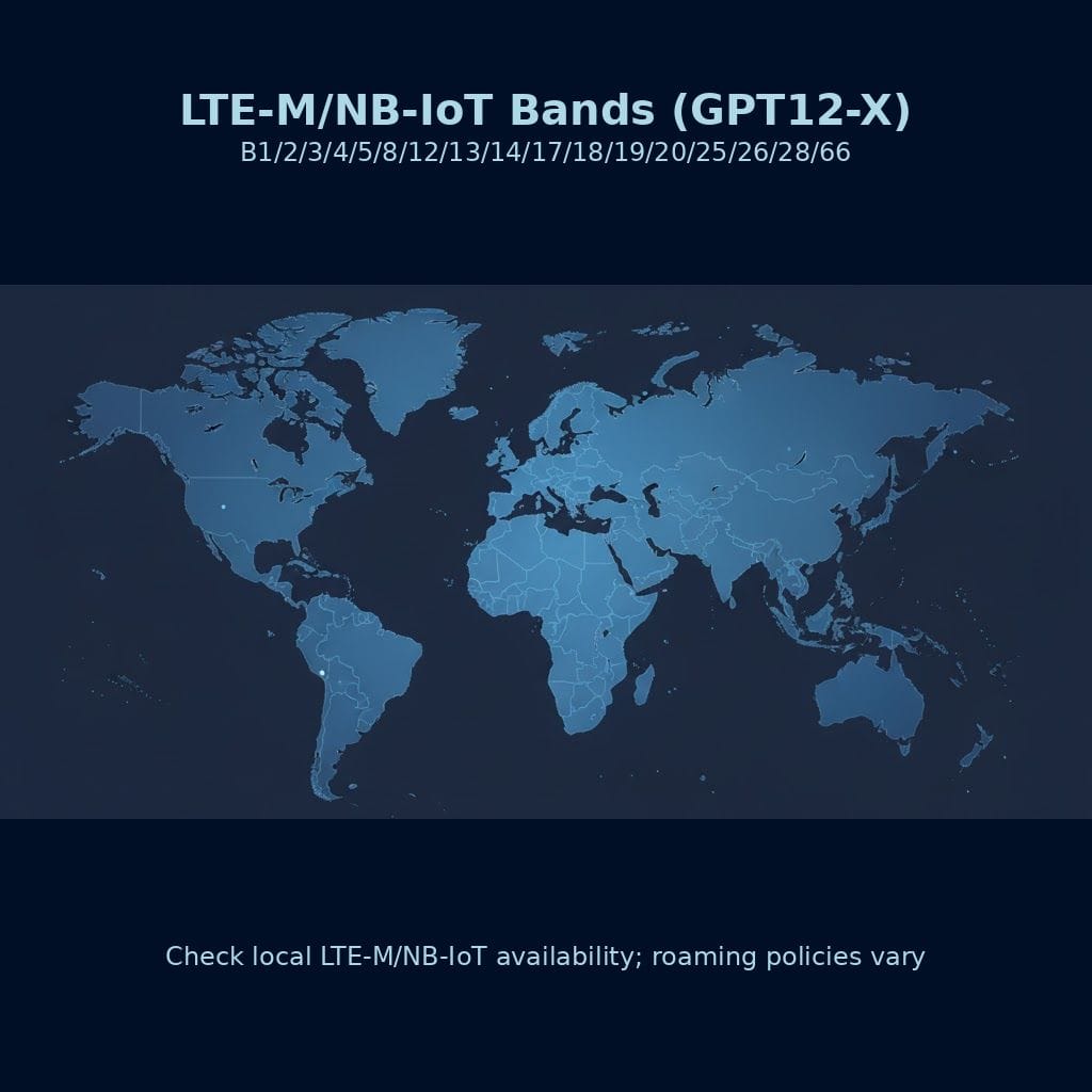 World map highlighting LTE-M/NB-IoT frequency bands supported by GPT12-X; emphasizes the need to check local network availability and roaming policies.