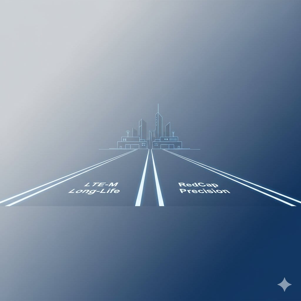 Hybrid roadmap banner: long-life LTE-M lane and RedCap precision lane merging into one deployment plan