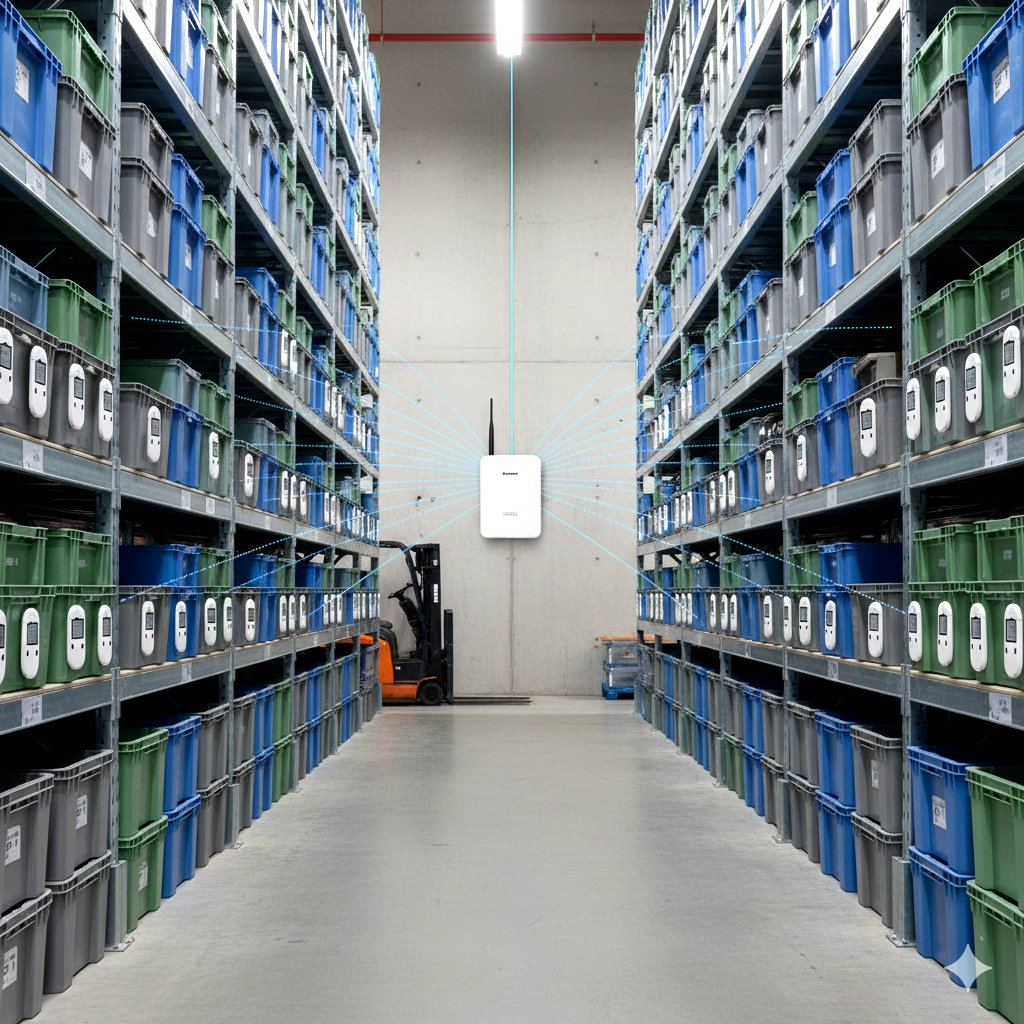 BLE gateway aggregating beacons across a warehouse aisle in Dallas, Texas, illustrating dense sensor fleet management.