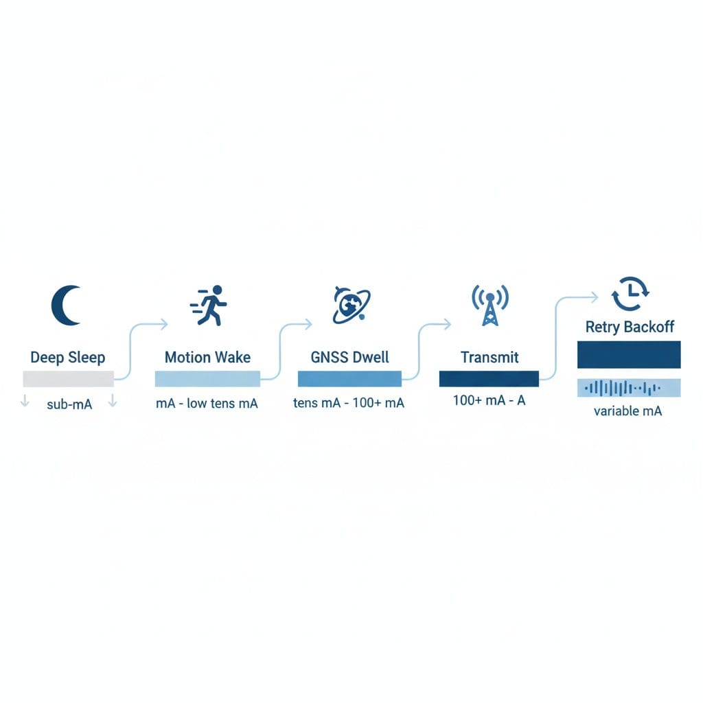 Graphic showing power states of an IoT tracker: deep sleep, motion wake, GNSS dwell, transmit, retry backoff