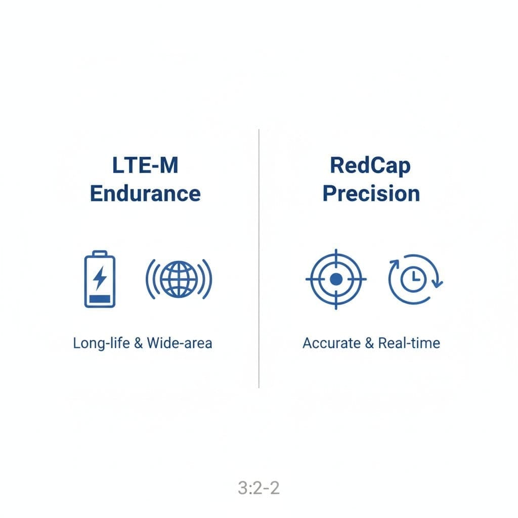 Comparison chart illustrating LTE-M endurance versus RedCap precision with simple battery and target icons