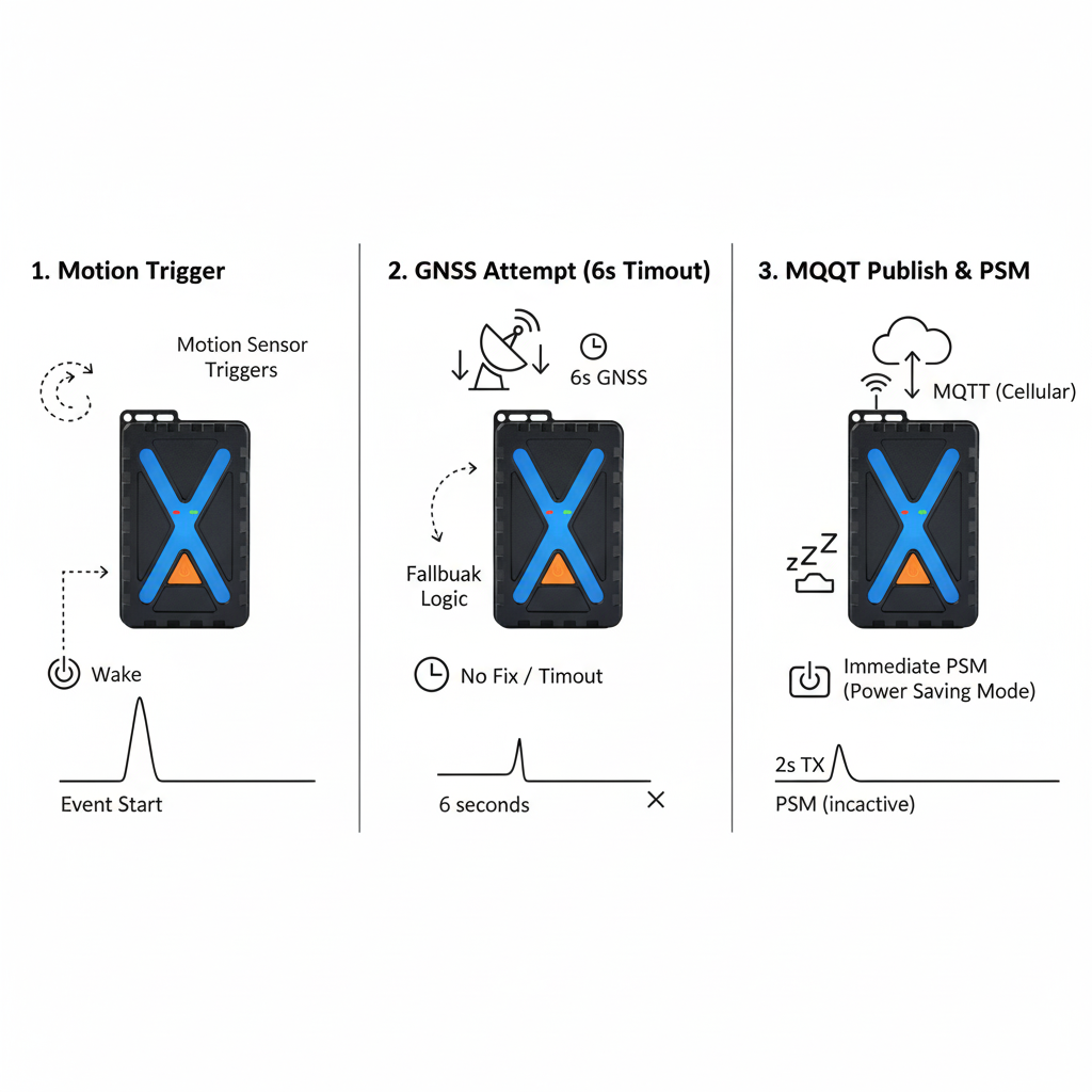 Infographic illustrating a motion-triggered wake cycle with GNSS attempt, MQTT publish and entry into power saving mode (PSM).