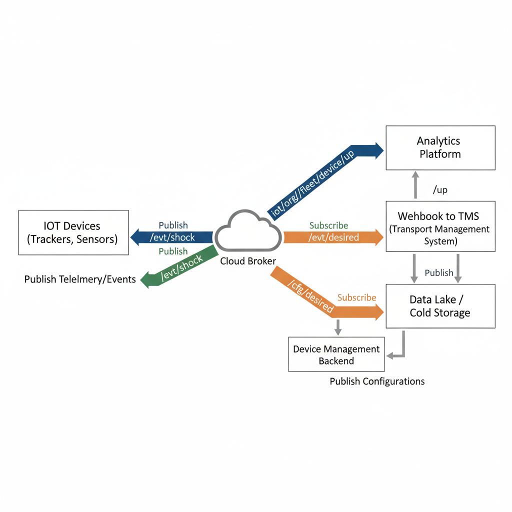 Diagram of IoT MQTT topic flow showing cloud broker routing telemetry/events from trackers to analytics, TMS, data lake and device management backend via /evt/shock, /evt/desired and /cfg/desired topics.