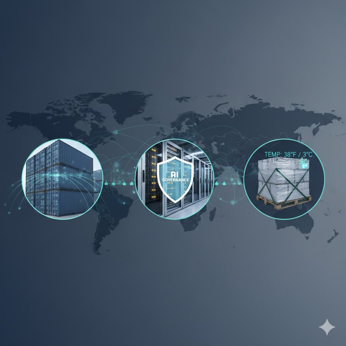 World map infographic linking smart containers, AI governance and cold chain pallets highlighting global supply-chain telemetry.