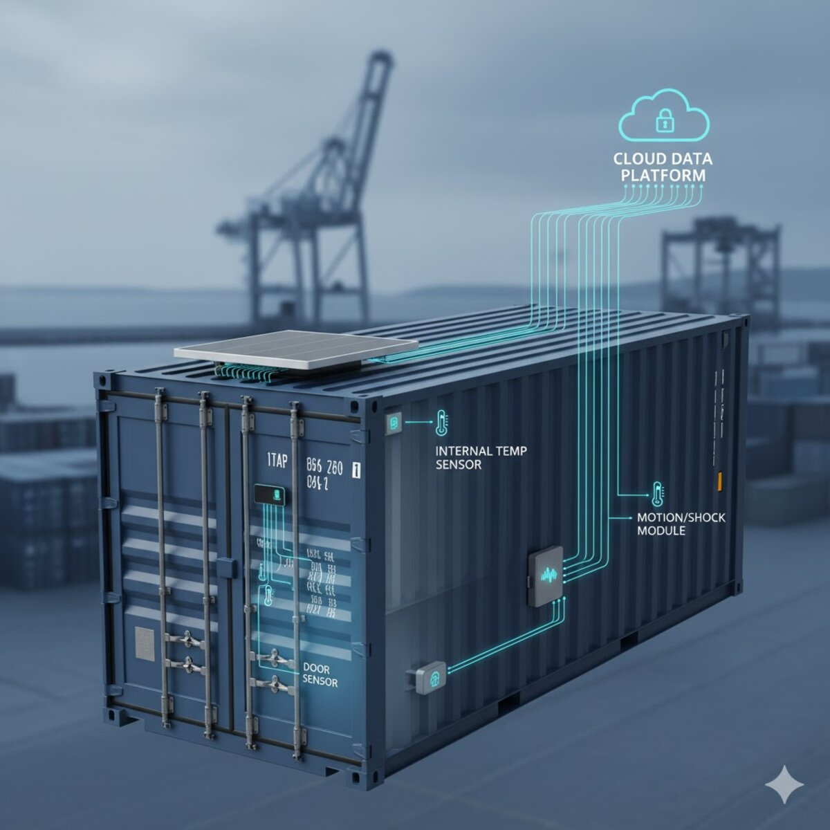 Smart shipping container with internal temperature sensor, door sensor, and motion/shock module connected to cloud data platform.