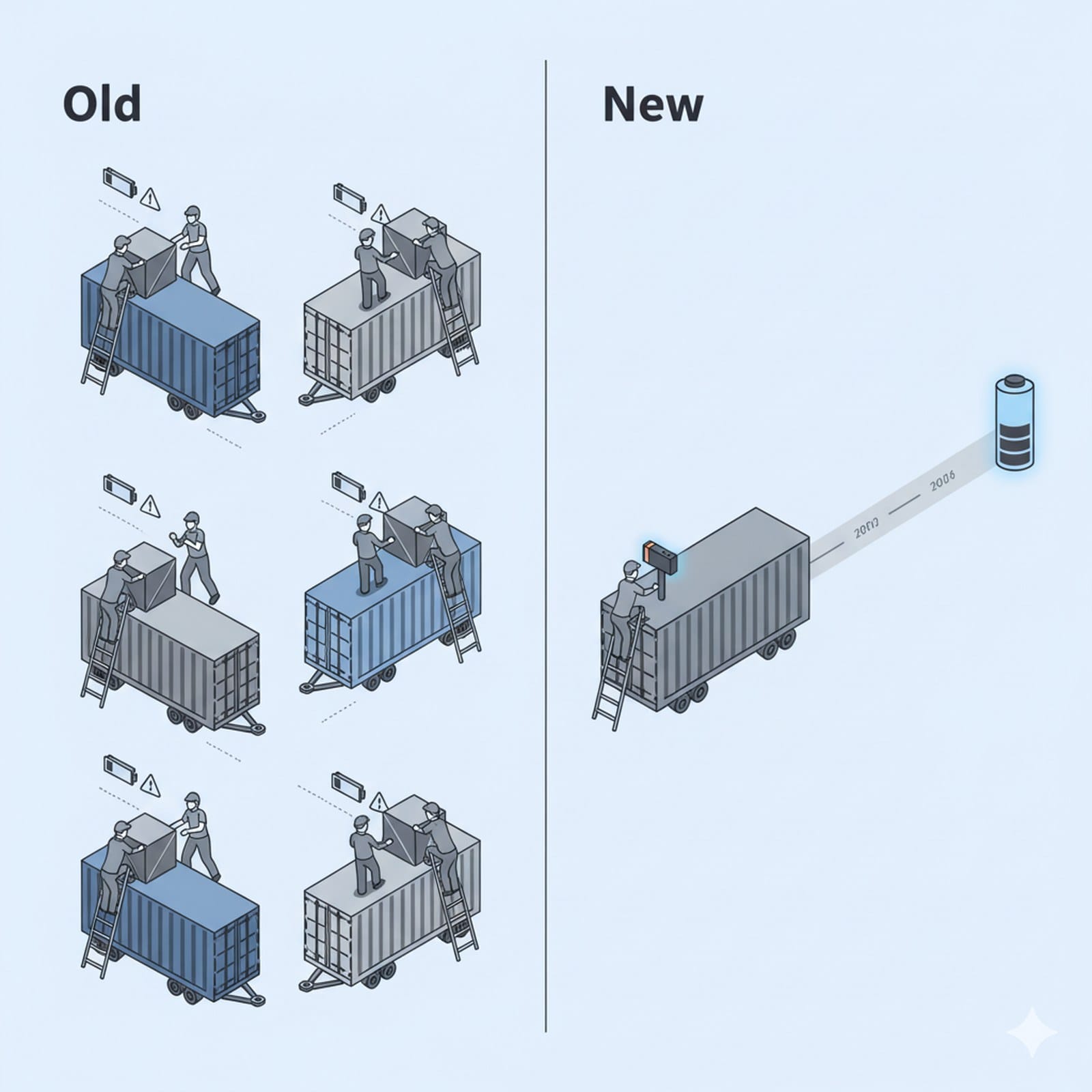 Concept illustration comparing frequent battery changes with a single long-life tracker installation over several years
