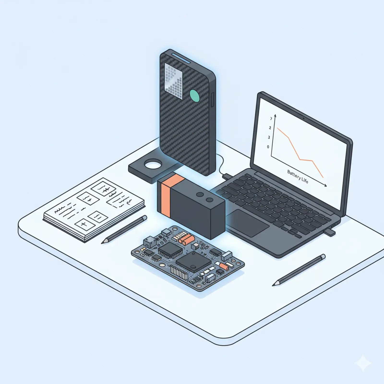 Exploded view of a slim long-life asset tracker with housing, battery, PCB and laptop on a workbench, illustrating design and battery life analysis