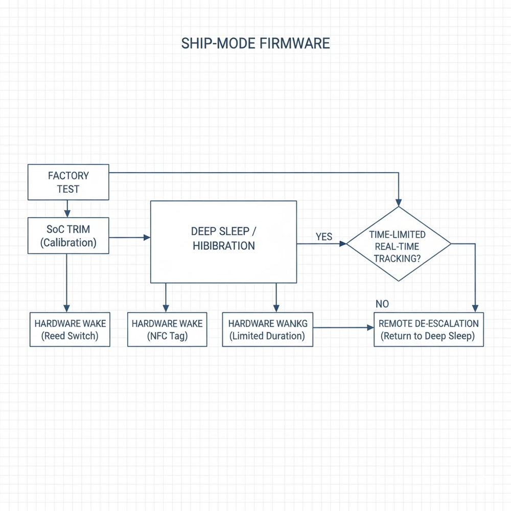 Flowchart of ship-mode firmware showing deep sleep, hardware wake triggers, time-limited real-time tracking and remote de-escalation.
