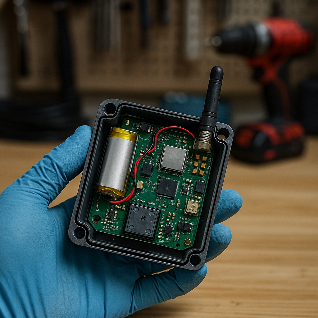 Technician's gloved hand holding an open IoT tracker showing its circuit board and components.