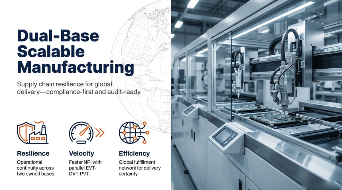 Slide showing dual-base scalable manufacturing with icons for resilience, velocity and efficiency, and an automated production line representing high-precision manufacturing.