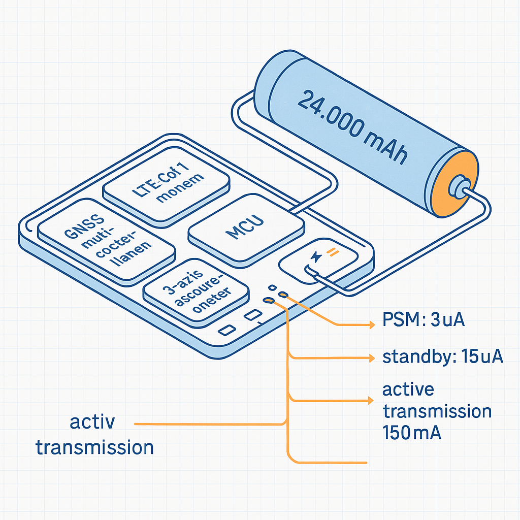 Technical architecture diagram of a long-standby LTE Cat-1 GPS tracker showing the modem GNSS MCU sensor suite and 24000 mAh battery with power flow annotations