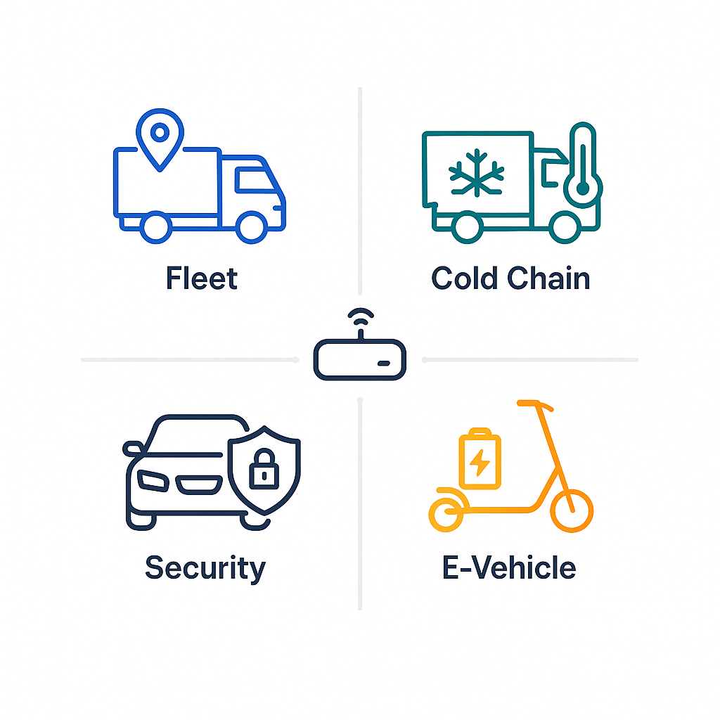 Four application scenarios for modular vehicle tracker: fleet management, cold chain, vehicle security, and e-vehicle tracking
