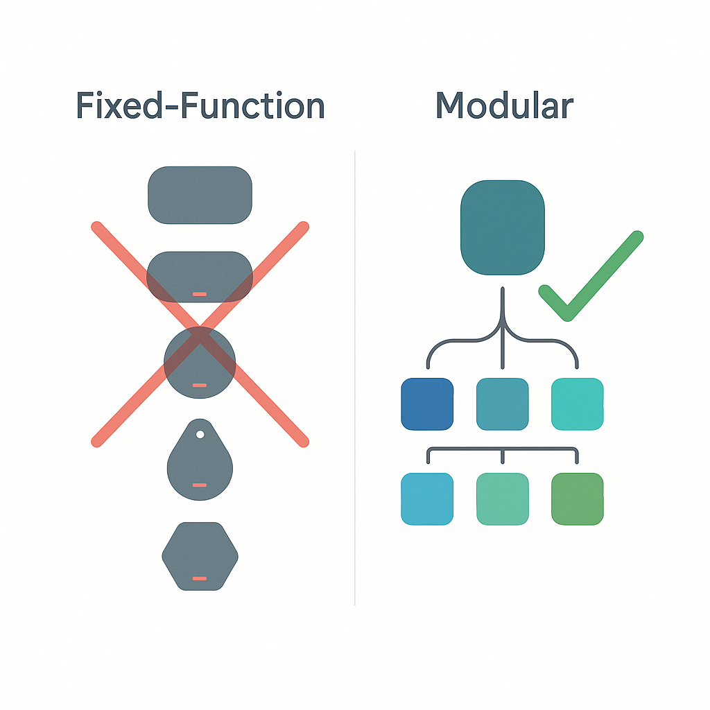 Infographic comparing fixed-function tracker approach with six separate devices versus modular approach with one base and swappable modules