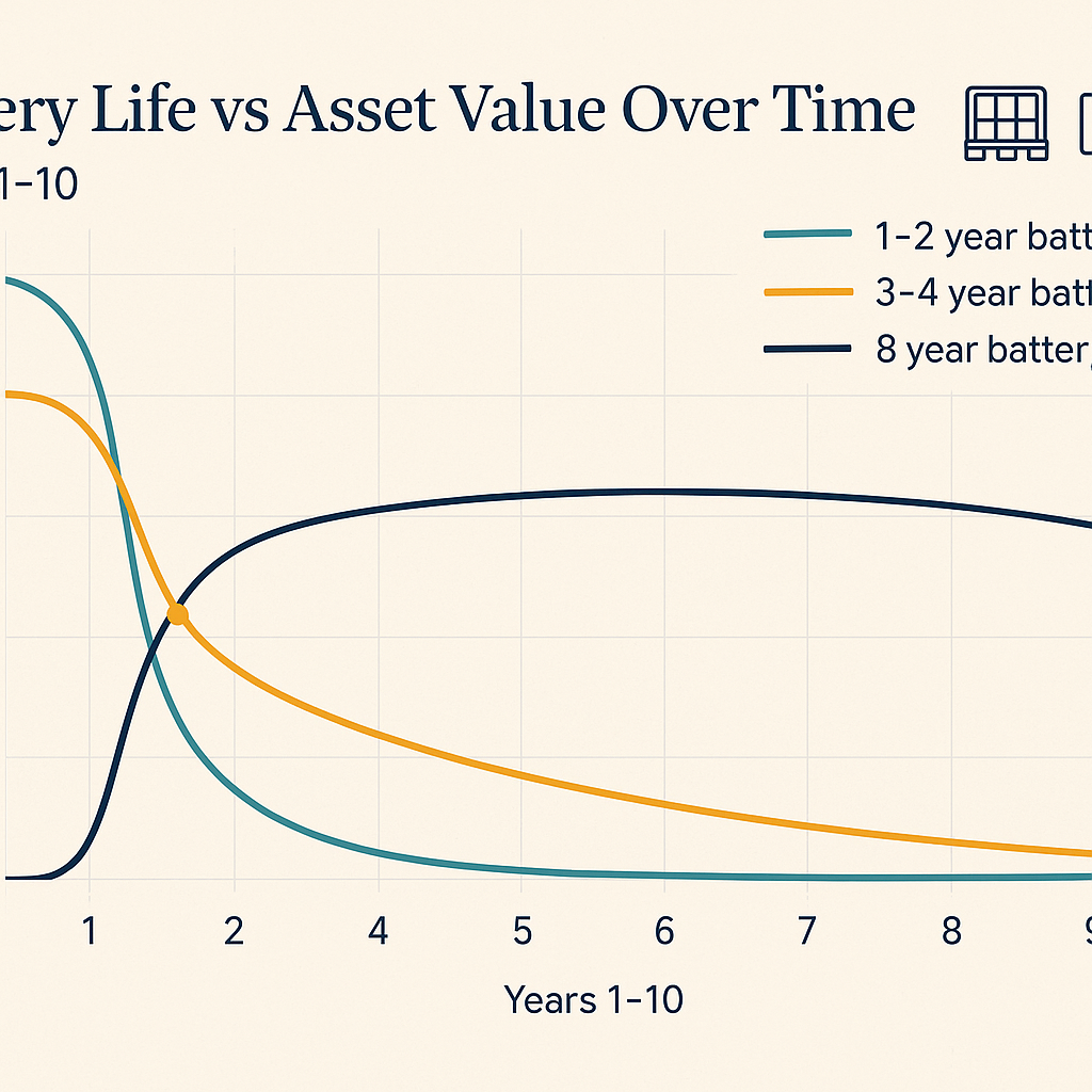 Chart comparing tracker battery lifecycles from 1-year to 8-year showing when device lifetime finally matches pallet asset lifetime in pooling operations