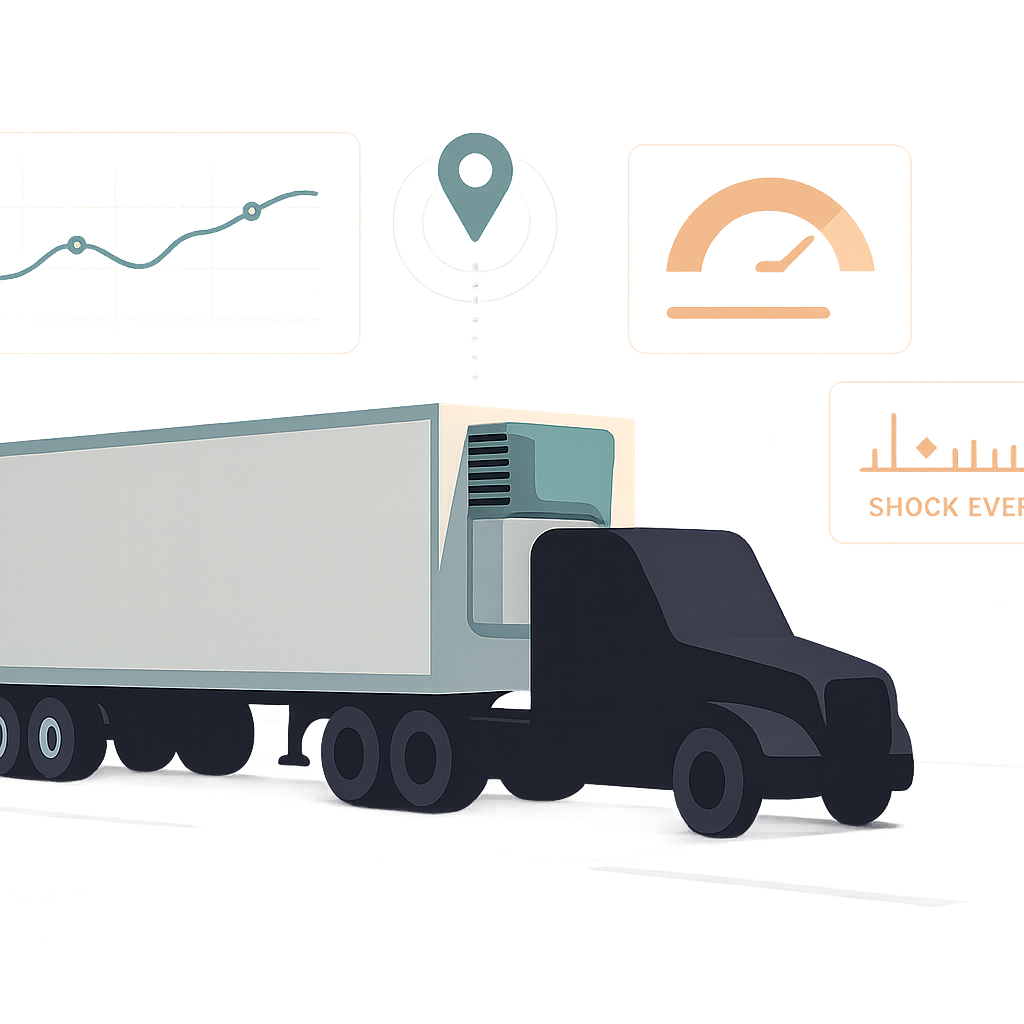 Editorial illustration of a pharmaceutical reefer trailer with overlay of multi-sensor data streams representing an audit-ready evidence trail