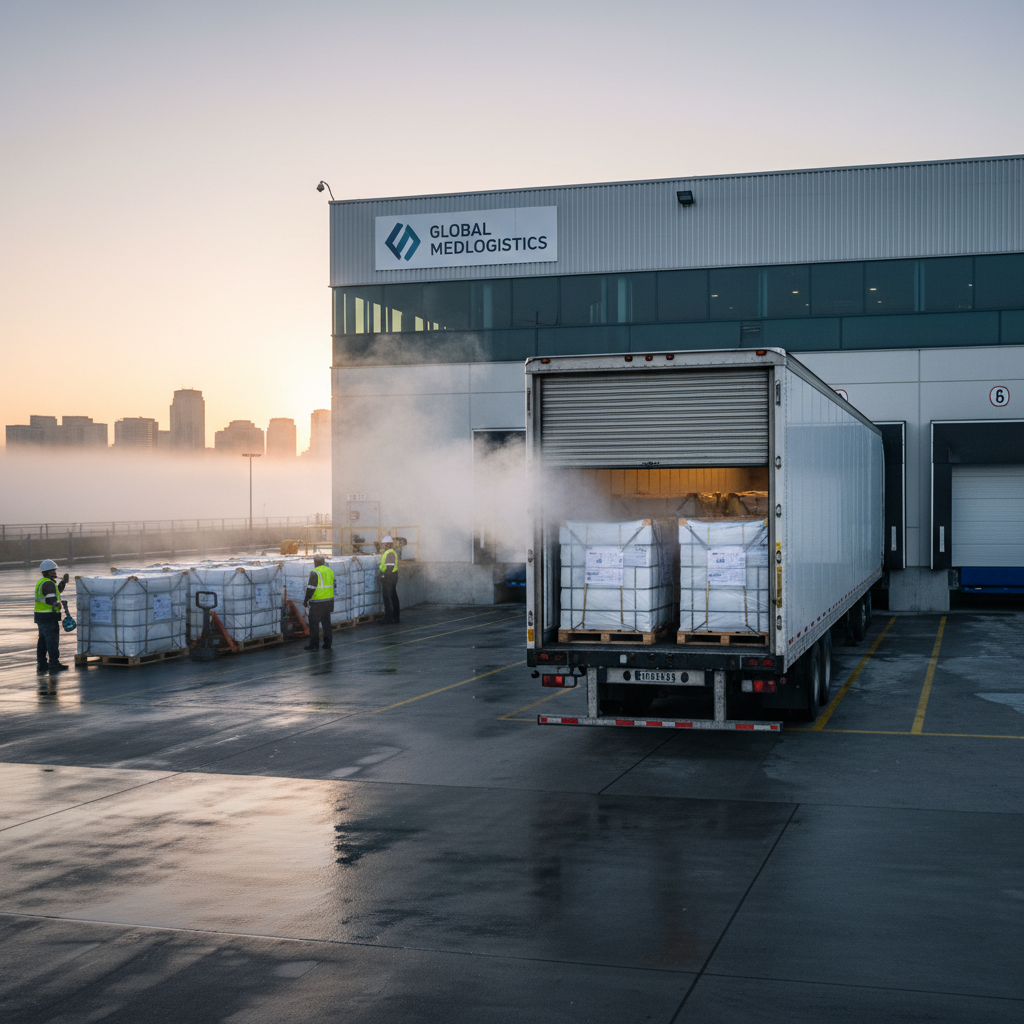 Refrigerated pharmaceutical transport truck at loading dock with insulated containers