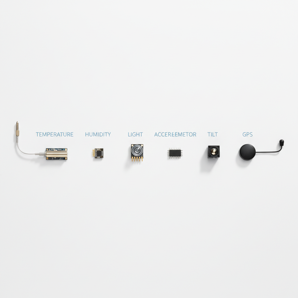 Six IoT sensor categories for pharmaceutical cold chain compliance: temperature, humidity, light, shock, tilt, and GPS