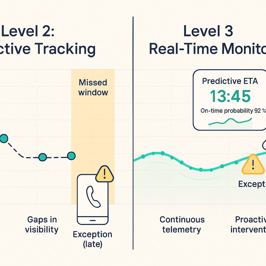 Side-by-side comparison of Level 2 reactive supply chain tracking versus Level 3 real-time monitoring, illustrating the engineering gap between sparse GPS pings and continuous telemetry.